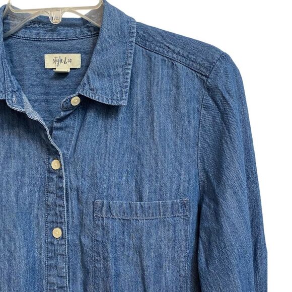 Style & Co. Chambray Boyfriend Shirt Women's Size M Blue Button-Down - Picture 7 of 16